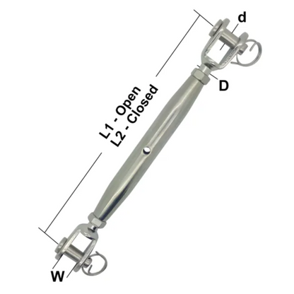 Stainless steel Jaw and Jaw rigging screw with dimensions labelled