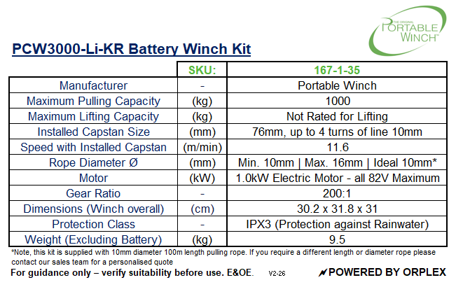 Technical Specifications for PCW3000-LI-KR Battery Winch kit including rope, battery and charger