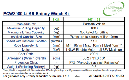 Technical Specifications for PCW3000-LI-KR Battery Winch kit including rope, battery and charger