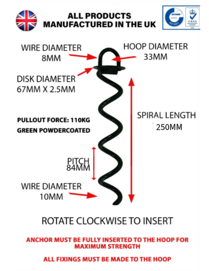 Specification for 250mm Green Powder coated Ground anchor by RiggFix