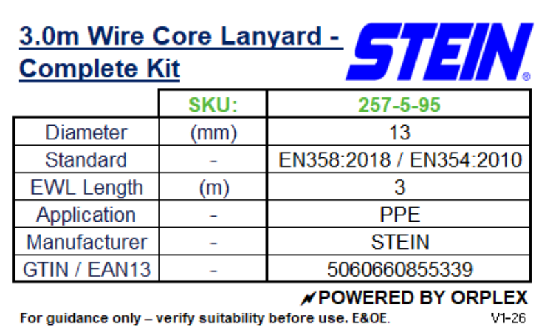 Stein 3.0m Wire Core Lanyard Complete Kit specifications table with product details.
