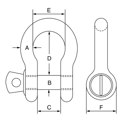 Technical Drawing of Blue Pin Grade 6 Bow Shackles with Screw Collar Pin