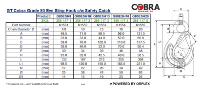 Table of Dimensions with technical drawing for GT Cobra Grade 80 Eye Sling Hook with Safety Catch