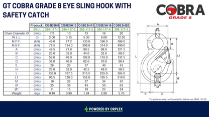 Technical Specifications table for GT Cobra Grade 8 Eye Sling Hook with Safety Catch