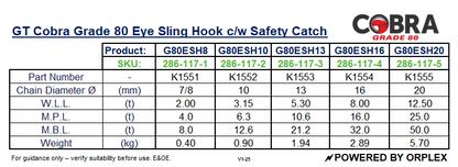Technical Specifications table for GT Cobra Grade 80 Eye Sling Hook with Safety Catch