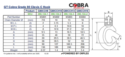 Technical Specifications Table with dimensions and labelled diagram for GT Cobra Grade 80 Clevis C Hook