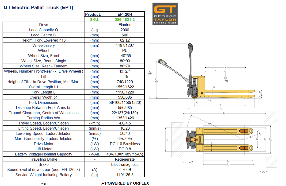 Technical specifications of a GT Electric Pallet Truck with a diagram showing dimensions