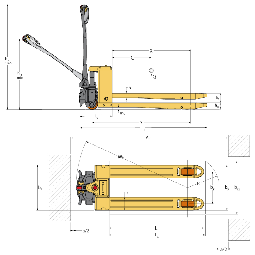 Diagram of Dimensions for GT Electric Pallet Truck