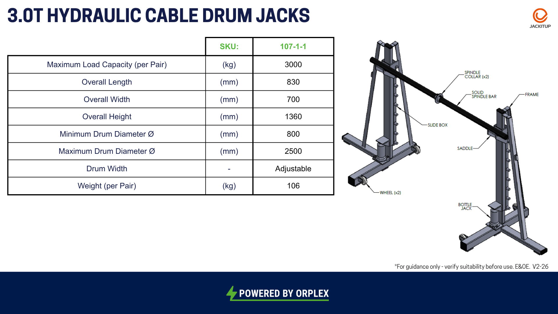Technical specification sheet for 3.0T Hydraulic Cable Drum Jacks, featuring a table of dimensions and weight on the left and a labeled 3D rendering of the jack assembly on the right.