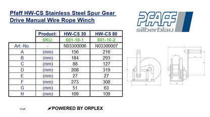 Pfaff HW-CS Stainless Steel Spur Gear Drive Manual Wire Rope Winch Dimensions Table with Diagrams