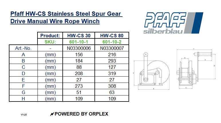 Pfaff HW-CS Stainless Steel Spur Gear Drive Manual Wire Rope Winch Dimensions Table with Diagrams