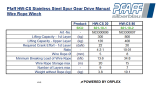 Pfaff HW-CS 800kg Stainless Steel Spur Gear Drive Manual Wire Rope Winch