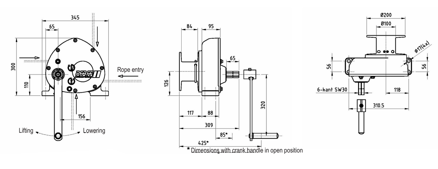Pfaff OMEGA Console-Mounted Rope Winch Diagram with Dimensions