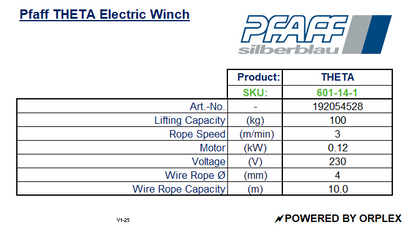 Pfaff THETA Electric Winch Specification Table