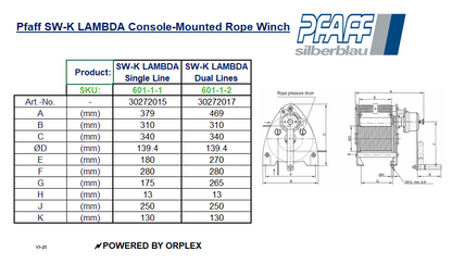 PFAFF SW-K LAMBDA Console-mounted rope winch (BGVC1) Dimensions Table with Diagrams