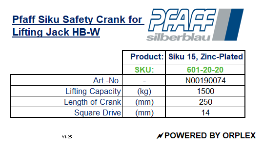 Pfaff Crank for Lifting Jack HB-W Specification Table