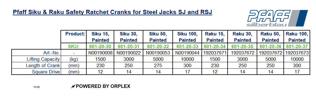 Pfaff Cranks for Steel Jacks SJ and RSJ