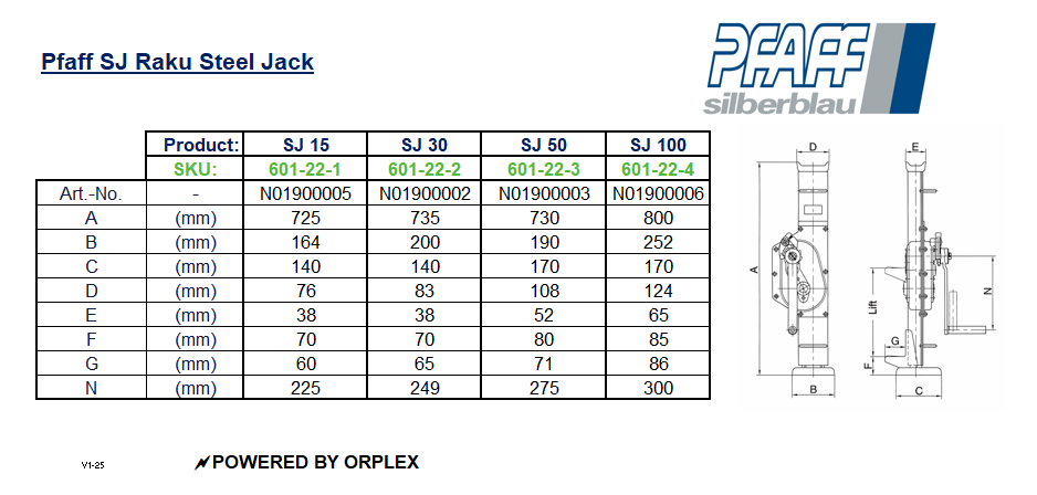 Pfaff SJ Raku Steel Jack Dimensions Table with Diagrams
