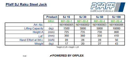 Pfaff SJ Raku Steel Jack Specification Table