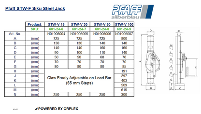 Pfaff STW-V Raku Steel Jack Dimensions Table with Diagrams