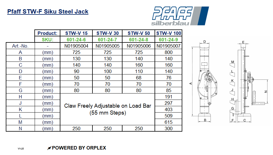 Pfaff STW-V Raku Steel Jack Dimensions Table with Diagrams