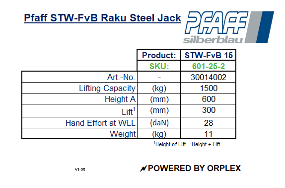 Pfaff STW-FvB Raku Steel Jack Specification Table