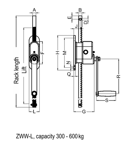 Technical Drawing of Pfaff 300kg & 600kg ZWW-L Rack & Pinion Jack
