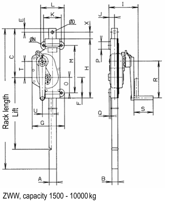 Technical Drawing of Pfaff ZWW Rack & Pinion Jacks