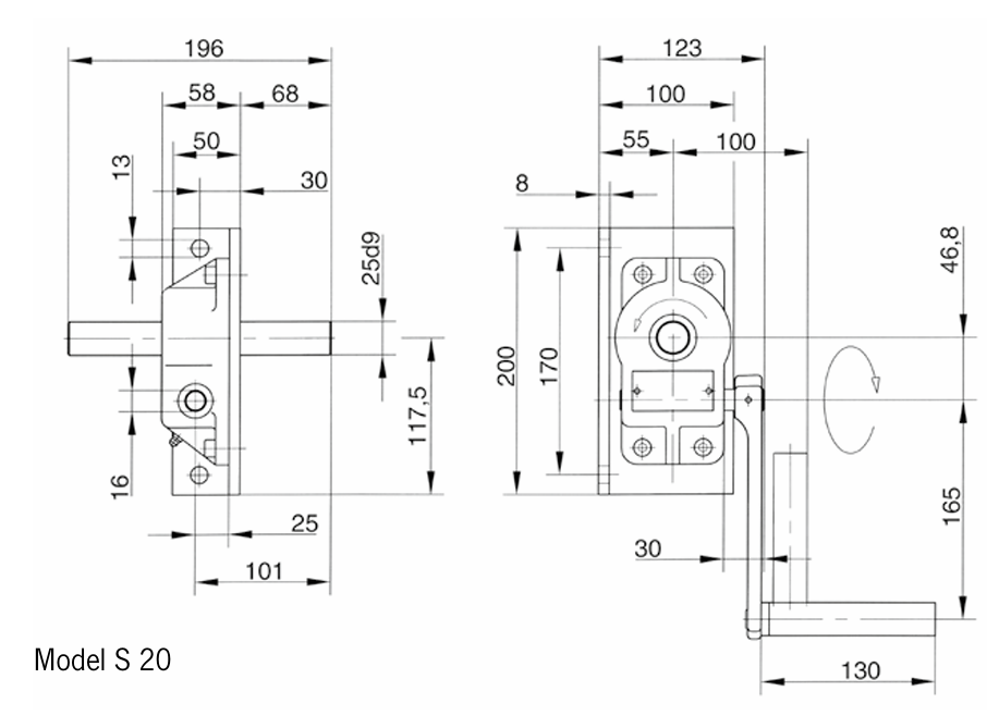 Pfaff S20 Worm Gear Drive – Hand Operated Gearbox 20:1 - Dimensions