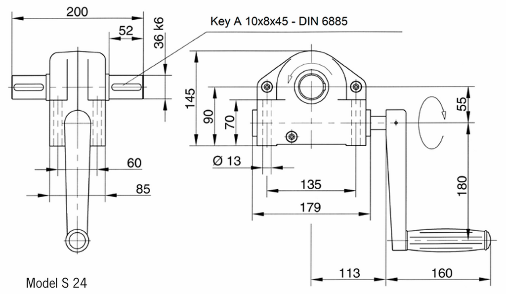 Pfaff S24 Worm Gear Drive – Hand Operated Gearbox 24:1:0 - Dimensions