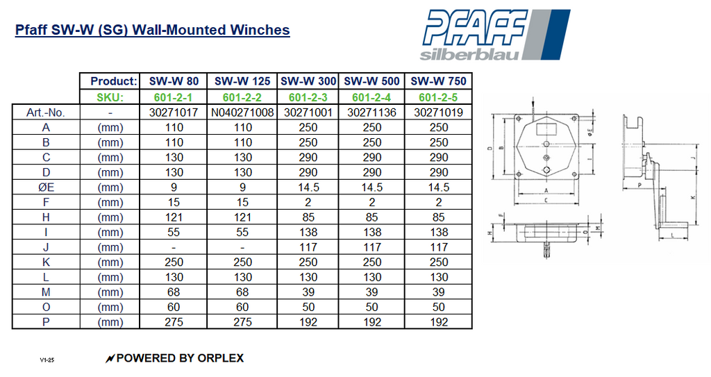 Pfaff SW-W (SG) 80KG Wall-Mounted Winch - Dimensions