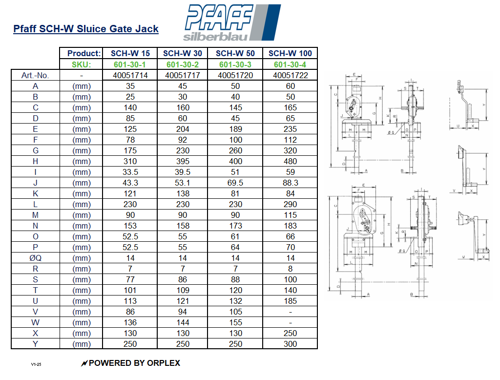 Pfaff SCH-W Sluice Gate Jack Dimensions Table with Diagram