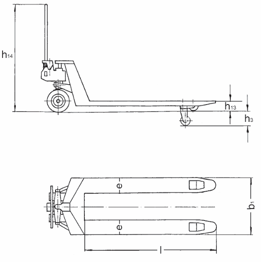 Technical Drawing of Pfaff HU VATP Stainless Steel Pallet Truck with dimensions labelled