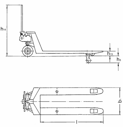 Technical Drawing with dimensions labelled of Pfaff HU 15-115 FTP Proline Hand Pallet Truck with Low Height Forks