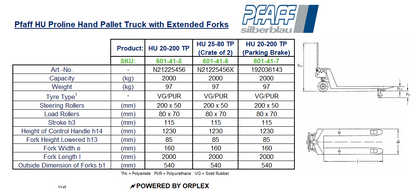 Technical specifications of a Pfaff HU Proline hand pallet truck with extended forks 