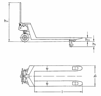 Technical Drawing of Pfaff HU FBTP Proline Hand Pallet Truck with Dimensions Labelled