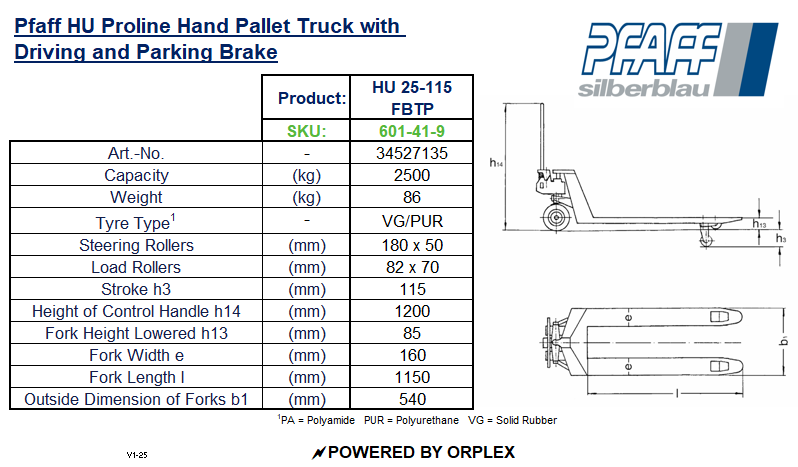 Technical Specifications of Pfaff HU FBTP Proline Hand Pallet Truck