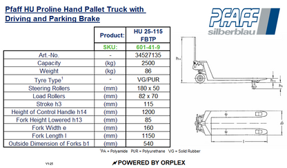 Technical Specifications of Pfaff HU FBTP Proline Hand Pallet Truck
