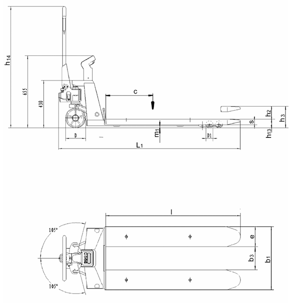 Technical Drawing of Pfaff HU W-20 GL Greenline Pallet Truck with Dimensions Labelled