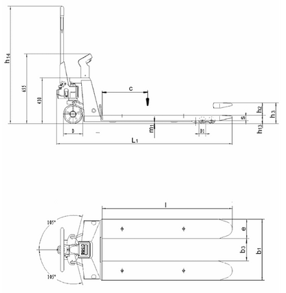 Technical Drawing of Pfaff HU W-20 GL Greenline Pallet Truck with Dimensions Labelled