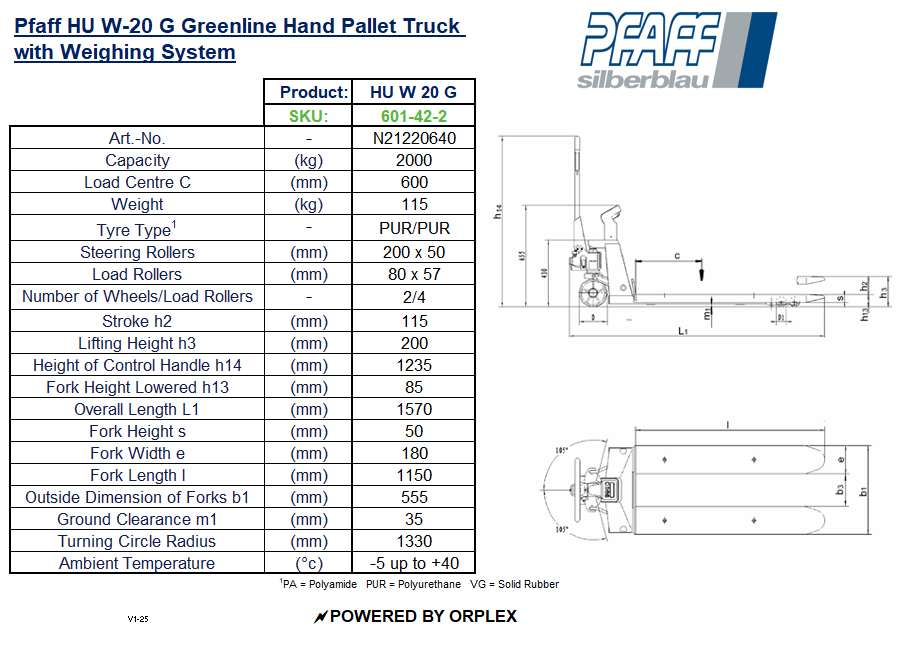 Pfaff HU W-20 G Greenline Pallet Truck – Weighing, 0.1% Accuracy