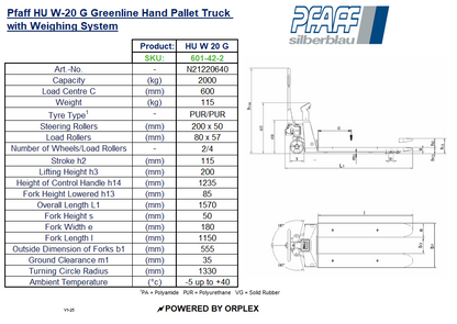 Pfaff HU W-20 G Greenline Pallet Truck – Weighing, 0.1% Accuracy