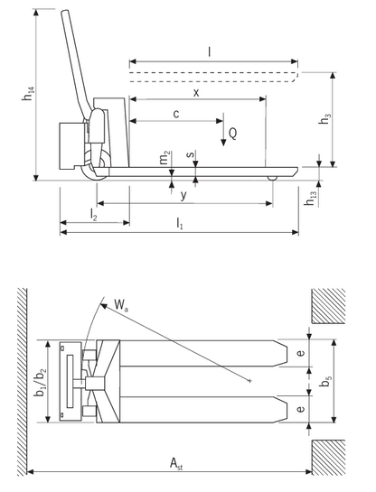 Technical Drawing of Pfaff HU HS 10 B Scissor Pallet Truck with Dimensions Labelled