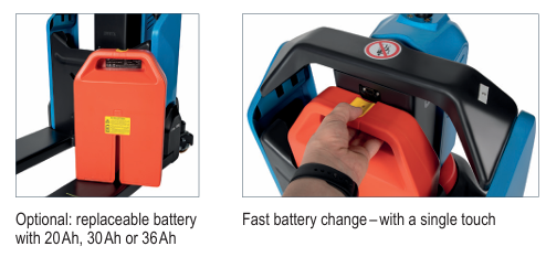 Battery replacement process for a piece of equipment with text indicating battery options and fast change feature.