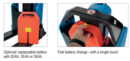 Battery replacement process for a piece of equipment with text indicating battery options and fast change feature.