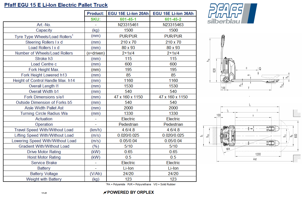 Pfaff EGU 15 E Li-Ion Electric Pallet Truck Table of Specification and Dimensions