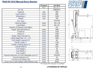 Pfaff HV 0516 Manual Drive Stacker – 500kg, 1600mm Lift