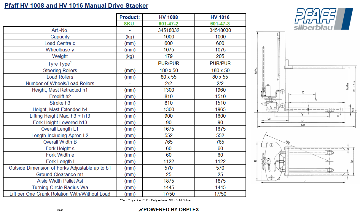 Pfaff HV Manual Drive Stacker Table of Dimensions and Specification