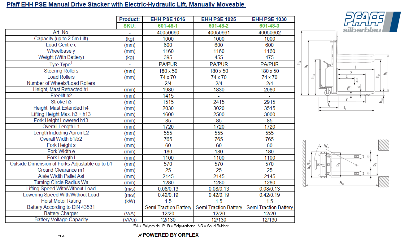 Pfaff EHH PSE Manual Drive Stacker with Electric-Hydraulic Lift Table of Specification and Dimensions