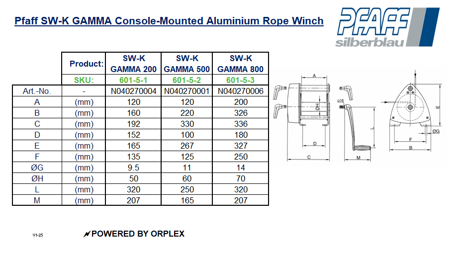 Pfaff SW-K GAMMA Console-Mounted Aluminium Rope Winch Dimensions Table with Diagrams